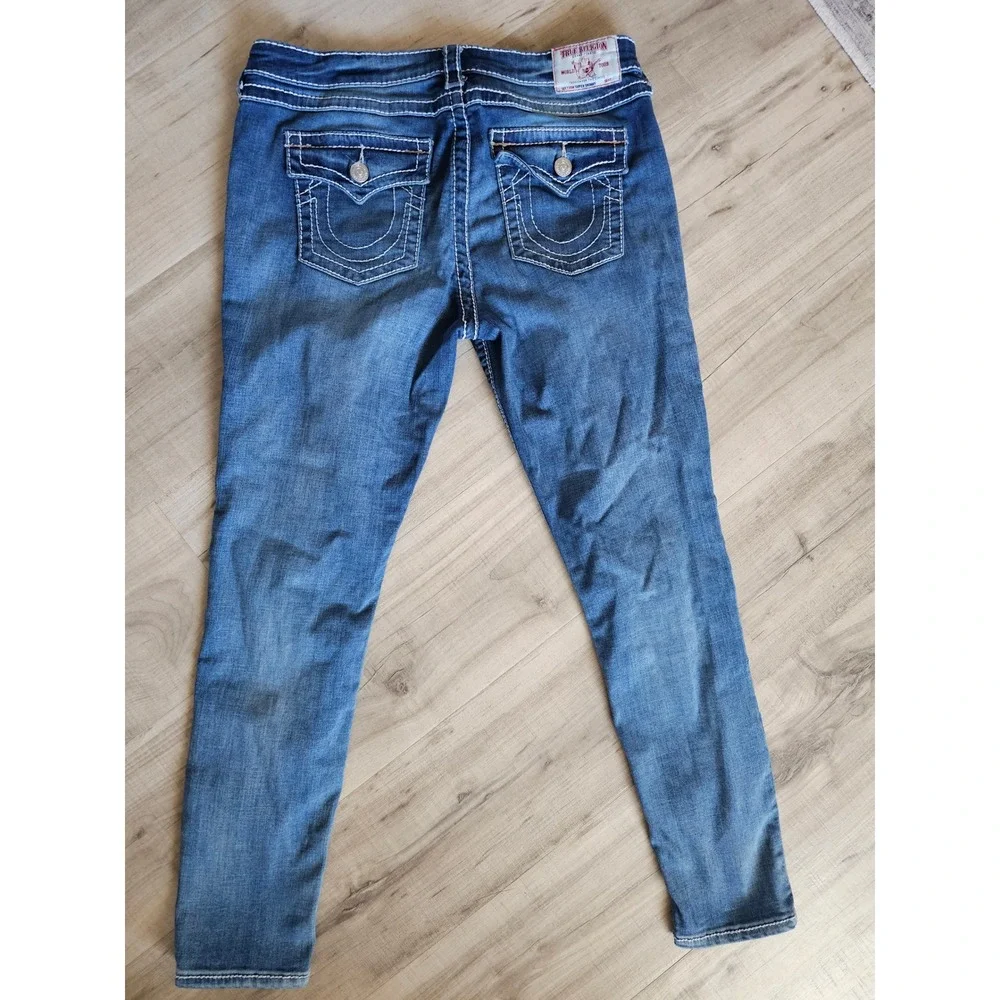 True Religion Super Skinny Mens Blue Distressed Jeans Size 33 White Stitching